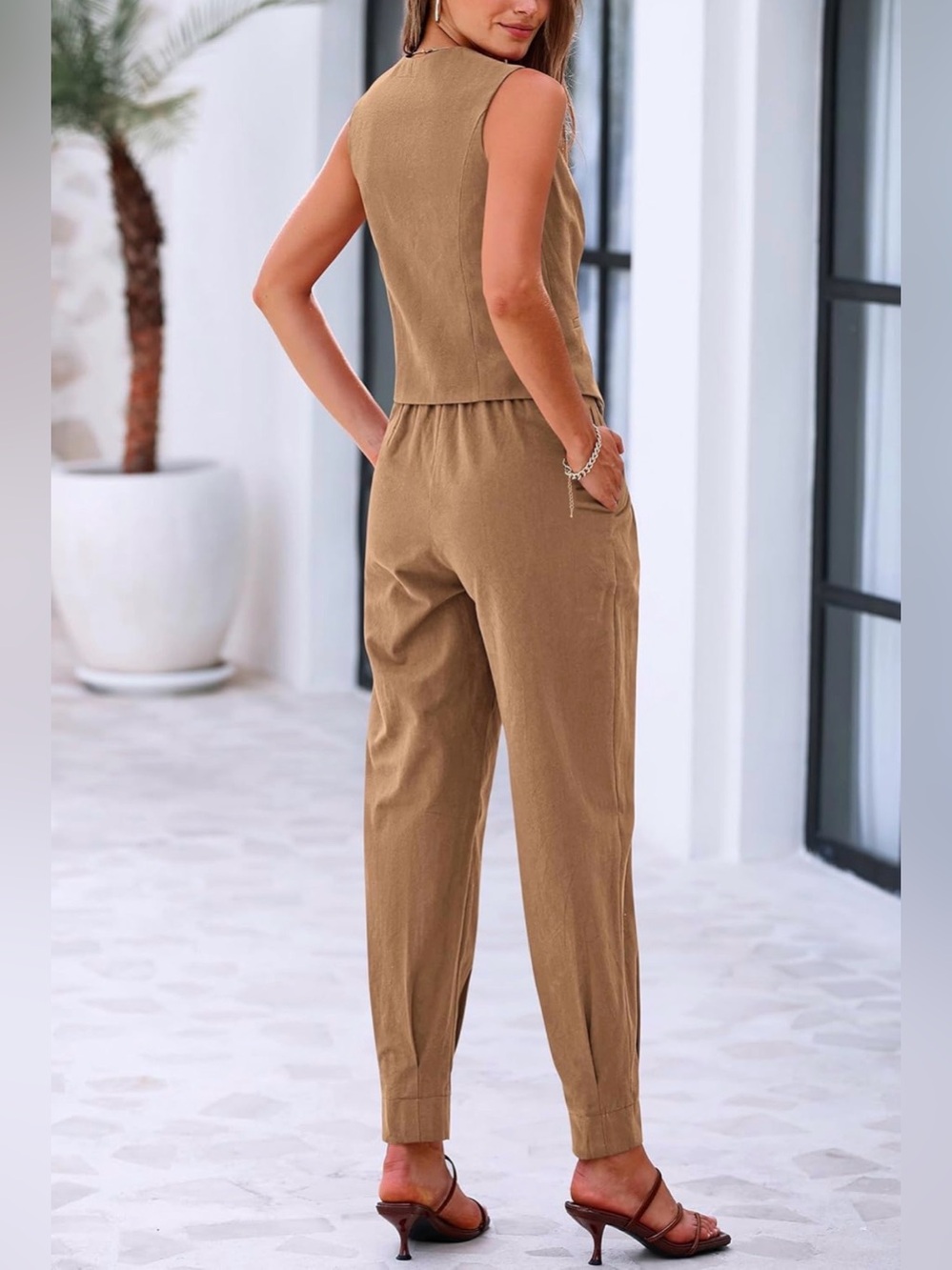 PRETTYGARDEN Women’s Brown 2 Piece Set with Vest and Pants, Size Medium - Picture 2 of 15